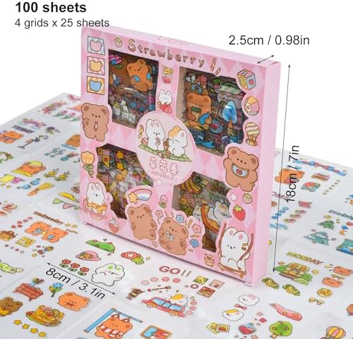 Cute Cartoon Animals Scrapbook Stickers - 100 Sheets Kawaii Aesthetic Transparent Sticker for Journaling Planner Album Calendars Notebook DIY Craft Decorations
