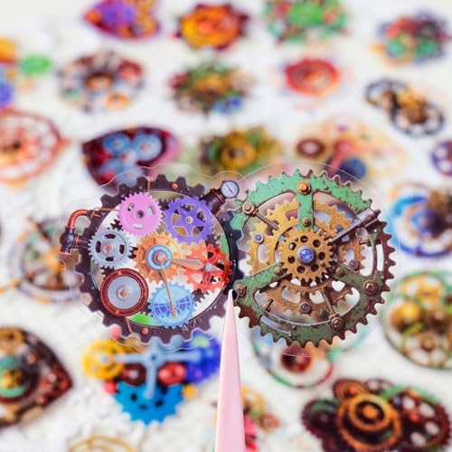 56PCS Steampunk Gear Stickers Pack – Vintage Mechanical Gears, Clockwork Designs, Transparent Vinyl Decals for Scrapbook, Journal, Laptop, Planner, DIY Craft, and Gear Art Lovers