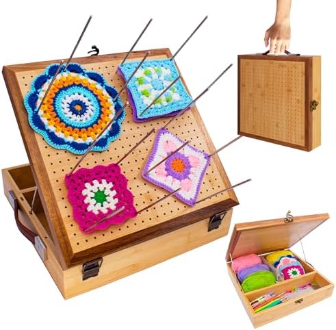 OCPO HOME 12'' Crochet Blocking Board - with Storage Drawer & 20 Pegs, Bamboo Granny Square Blocking Board for Crochet Projects, Ideal Crocheting Gifts for Crocheters