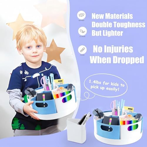 Rotating Art Supply Organizer Storage Caddy for Kids, 7 Bins Craft Crayon Marker Organizers for School Desk, Lazy Susan Pencil Holder for Classroom Organizations (blue and white)