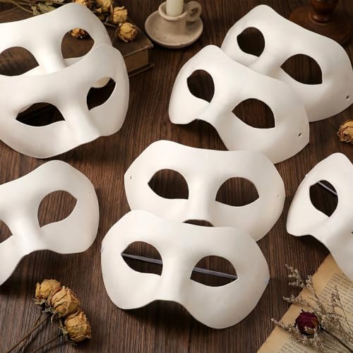 24 Pack Paper Mache Art Mask White Paper Mask Half Face Masquerade Masks DIY White Craft Masquerade Masks and Gem Stickers Cosplay Party Halloween DIY Blank Mardi Gras