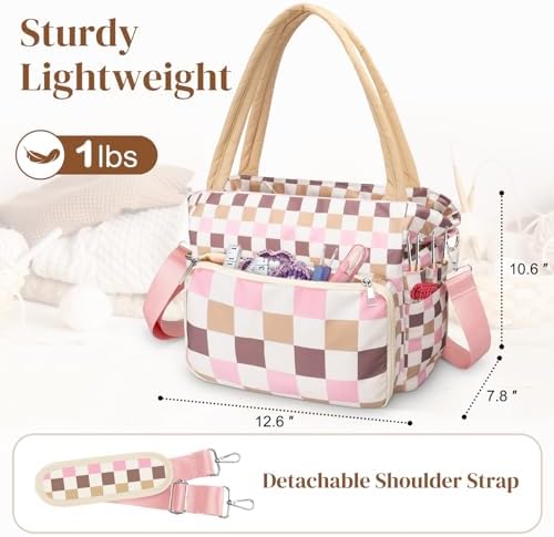 DALINDA Crochet Bag Organizer,Yarn Bag and Tote- Yarn Storage with Multiple Pockets for Crochet Supplies, Knitting Bag for Gifts,Portable & Durable(Beige Pink Plaid)