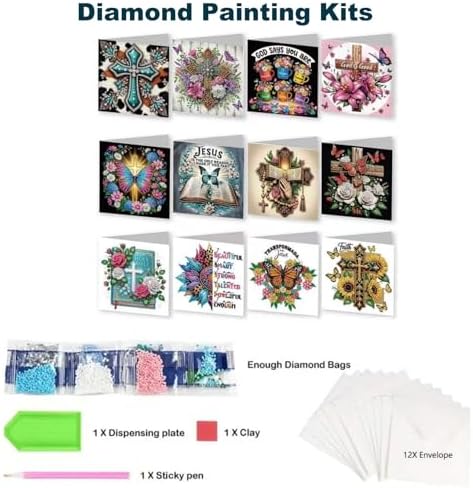 Zyvoreva 12 PCS Cross Diamond Painting Greeting Cards with Envelopes, Religious Diamond Art Kits for Adults, 5D DIY Bible Butterfly Art Crosses Cards for Birthday Baptism Sympathy Gifts (Cross)