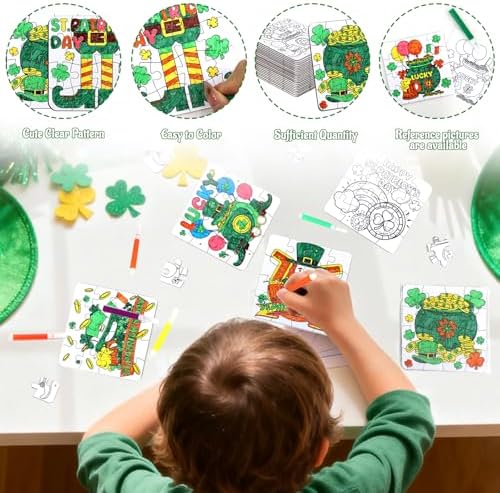 St Patricks Day Crafts for Kids & Adults Bulk, St. Patrick's Day Activities Classroom Gifts, Irish DIY Kits Jigsaw Puzzles with Pot of Gold, Leprechaun Shamrock, March Arts for Party Favors Supplies