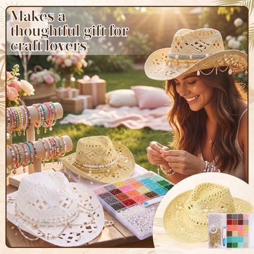 Twistover DIY Cowgirl Hat Craft Set with Beaded Make Your Own Bohemian Coastal Beach Straw Hat for Women Bachelorette Party