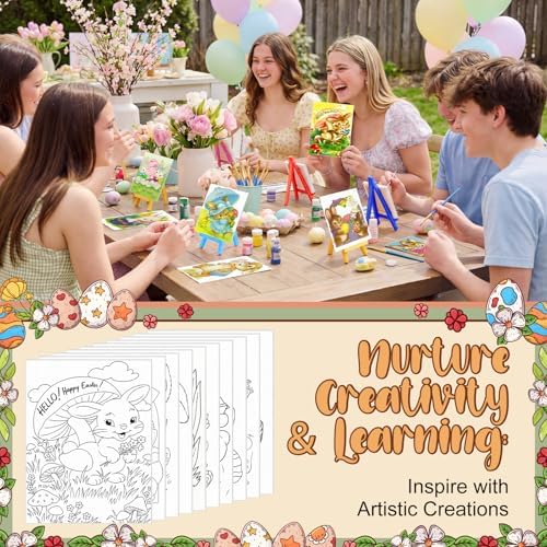 Blosssound 10 Set Easter Vintage Pre Printed Canvas Bunny Eggs Pre Drawn Canvas Painting with Easel Kits 5" x 7" Outline Painting Panels for Beginners, DIY Craft Project, Party Favor, Home Decors