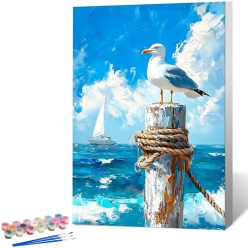 Framed Paint by Numbers Kit for Adults, Seagull Ocean Decor 8x12 Inch