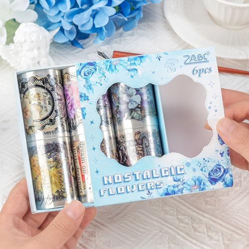 Vintage Floral Wide Washi Tape, 6 PET Rolls for Journaling Crafts | 6 wide PET rolls for journaling supplies, scrapbook supplies, junk journals, card making, DIY crafts and gift wrappin