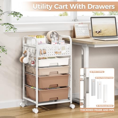 4 Drawer Rolling Storage Cart with Pegboard Top and Hooks, Brown