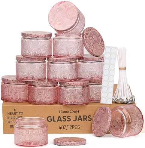 LumaCraft Luxury Embossed Glass Candle Jars for Making Candles - 12 Pack 4oz Empty Candle Containers with Airtight Metal Lids, 20 Wicks & 20 Stickers, Colored Glass Jars for Gifts & Decor