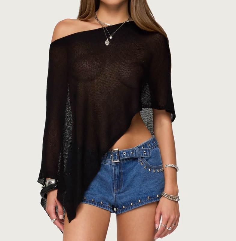 Women Sheer Poncho Shawl Top Lightweight Knit Pullover Beach Cover Up Tops