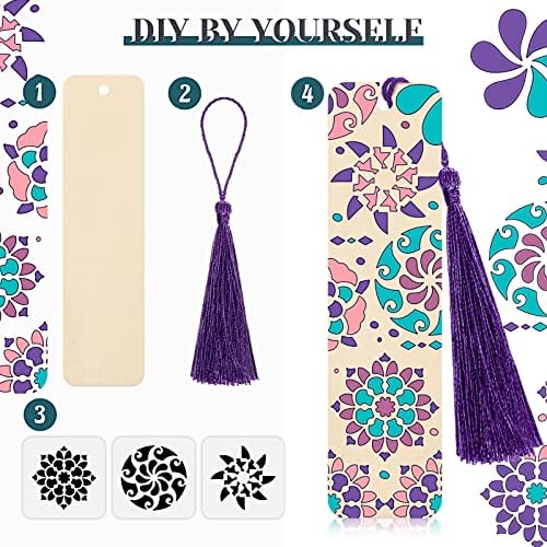 TaoBary 92 Pcs 4.8 x 1.3 Inch Flower Wood Bookmark Making Kit Includes 36 Unfinished Blank Bookmarks 36 Tassels 20 Templates, Back to School DIY Painting Craft for Home Class Holiday Teachers Gift