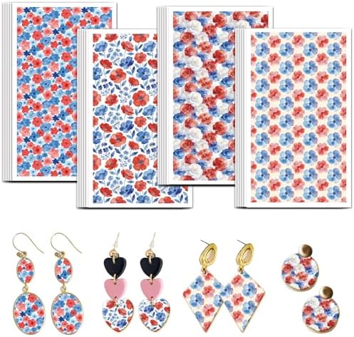 OLYCRAFT 24Pcs Independence Day Clay Transfer Paper 4 Styles Transfer Paper for Polymer Red Blue Flower Polymer Clay Transfer Sheets Floral Transfer Paper for Clay Earrings Jewelry Making