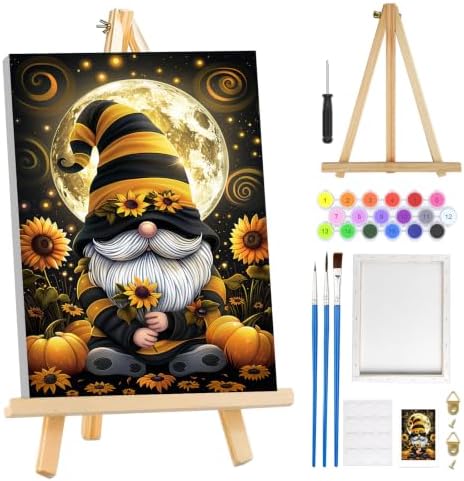 MOGTAA Halloween Paint by Numbers Kit for Adults Beginners with Frame, Gnome Adult Paint by Number Kits on Canvas with Easel, Easy DIY Sunflowers Oil Painting Kits for Home Decor, 8x12in