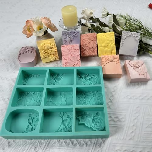 9 Cavities Mixed Flower Soap Mold, Handmade Soap Making Silicone Tray, Flower Silicone Molds for Natural Soap, Scented Candle Wax, Plaster Diffuser, Crystal Epoxy Decorations