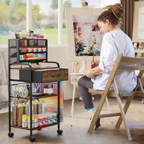Homsorout Art cart, 3 Tier Rolling Cart - Utility Cart with Storage Drawer and Wheels, Versatile Art & Craft Organizer for Home, Office, or Studio Ideal for Storing Brushes, Paints （Brown）