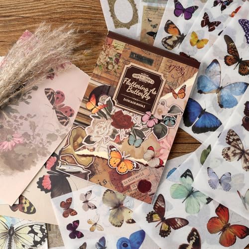 Vintage Scrapbook Stickers - 300 Butterfly Pre-Cut for Journaling, 20 Scrapbook Paper Washi for Scrapbooking and Journaling