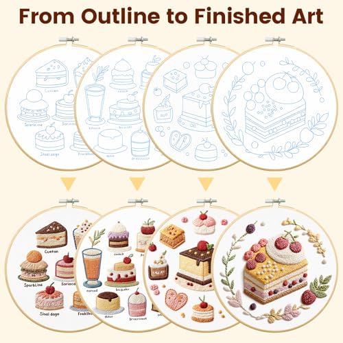 HGEKLIZV Embroidery Kit for Beginners Adults – 4Pcs Pre-Printed Cake & Fruit Patterns, Bamboo Hoop, Threads, Needles, Guide – DIY Hand Embroidery Craft, Home Decor, Gift for Women