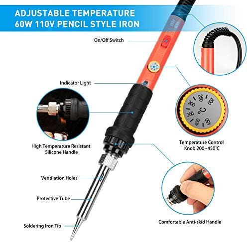 Soldering Iron Kit, 60W Soldering Iron with Ceramic Heater, 5-in-1 Adjustable Temperature Soldering Welding Iron Kit for any Hobby Enthusiast