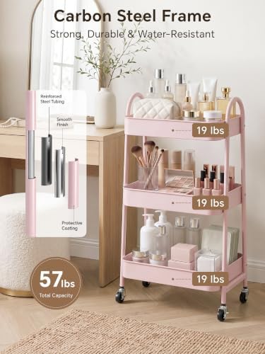Booklov Rolling Makeup Cart Organizer, 3 Tier Utility Storage Cart, Pink