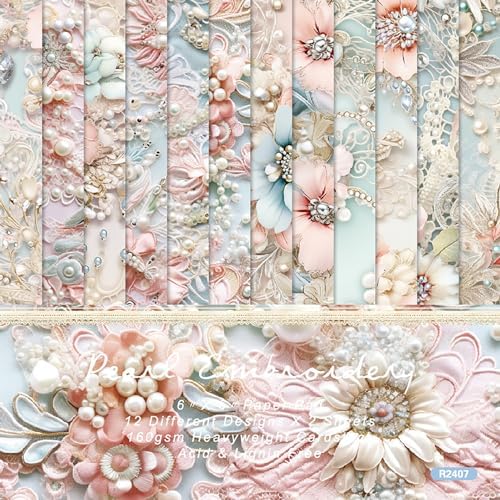 6x6 Scrapbook Paper Pad - Pearl Embroidery 160gsm Heavyweight Cardstock, 24 Pcs Luxury Lace Texture Decorative Paper for Wedding Scrapbooking & DIY Crafts
