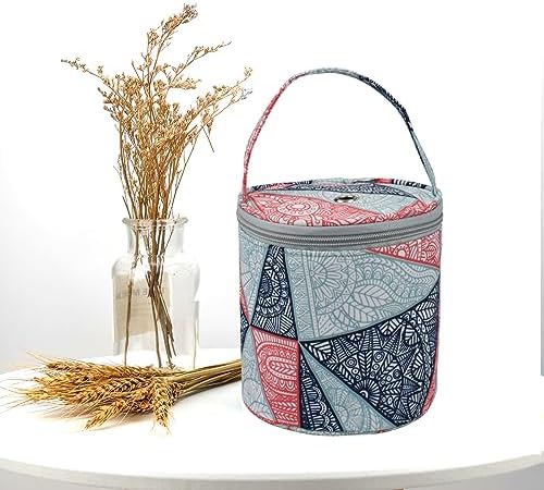 mini yarn storage small size yarn bag for crocheting with holes,empty round knitting tote bags protable yarn holder,perfect for travel,beginner & crocheter(Blue Geometry)