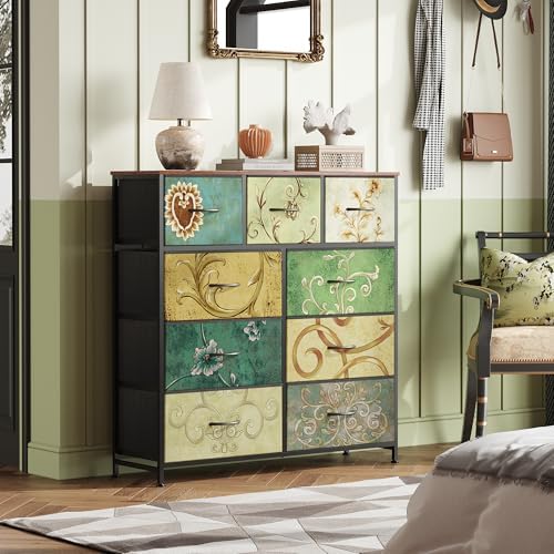 WLIVE Tall Dresser for Bedroom, 9 Drawer Chest of Drawers, Floral | 9 roomy fabric drawers, Tall storage design, Bedroom or closet use, Sturdy steel frame, Smooth wood tabletop