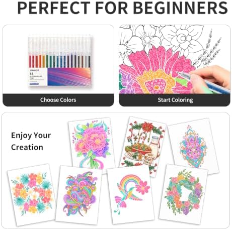 18 Glitter Gel Pens Set with 30-Page Coloring Book Floral, Animal Mandala