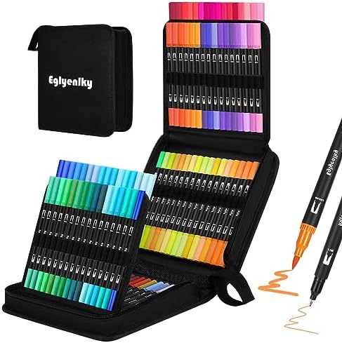 Eglyenlky Dual Brush Pens, Markers for Adult Coloring Book,100 Water Colors | Art Pens with Fine Point Markers and Brush Tip for Adult Kids Drawing (Black Set)