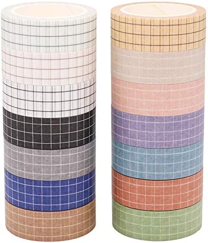 Knaid Grid Washi Tape Set, 14 Rolls of 15 mm Wide Decorative Colored Masking Tapes for Scrapbooking, DIY Decor and Crafts, Bullet Journals, Planners, Junk Journal, Gift Wrapping