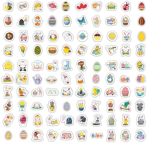 100Pcs Easter Stickers for Kids | Bunny Stickers Vinyl Waterproof Stickers Pack, Easter Gifts for Kids - Easter Egg Fillers for Kids & Easter Basket Stuffers