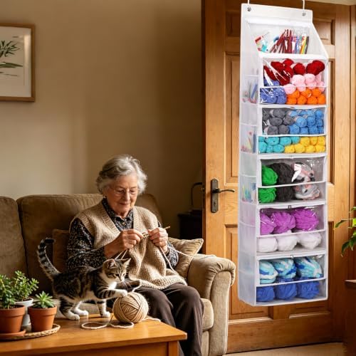 Hanging Yarn Storage Organizer, Large Capacity Knitting Organizer Storage with 6 Zipper Closure Compartments, Over the Door Hanging Yarn Holder for Knitting Needles Crochet Kit Crochet Hooks