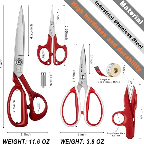 Fabric Scissors Tailor Sewing Shears Threading Needle Tools Kit 10 Inch Heady Duty Scissors Set for Fabric Cutting Professional Extremely Sharp Cloth Scissor Multipurpose Dressmaker (Red)