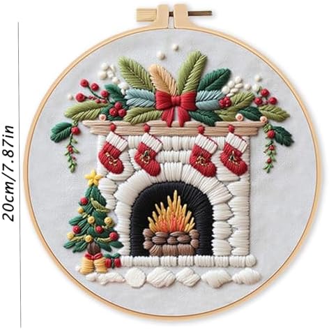 LB Christmas Embroidery Kit for Beginners Adults, 3 Sets Hand Embroidery Starter Kit with Fireplace Pattern and Instructions Stamped Cross Stitch Kits Include Embroidery Hoop Needles Threads Scissors