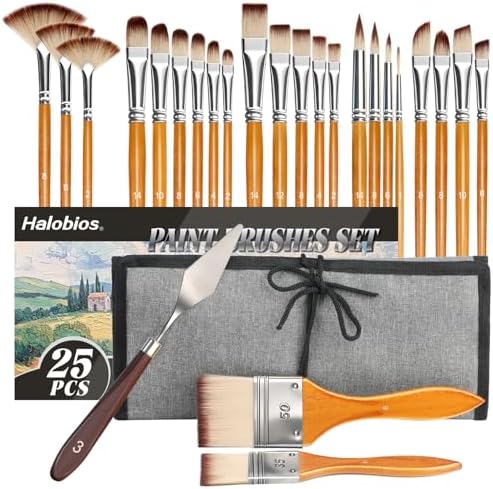 Halobios 25pcs Paint Brush Set, Professional Paint Brushes with Canvas Roll and Palette Knife, Acrylic Paintbrush Kit for Artist,Watercolor,Oil,Gouache