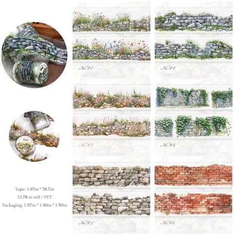 PET Washi Tape Set for Journaling Supplies,6 Rolls Scrapbook Flower Wall Theme Aesthetic Tape Stickers for Scrapbooking,Bullet Journaling,Photo Album,Notebook(Green Field Flower Wall)