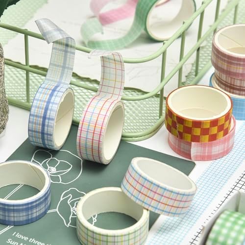 12 Rolls Grid Washi Tape Set Plaid Arts Adhesive Tapes Basic Patterns Decorative Masking Tape Sets for Craft, Kids, Scrapbook, DIY, Gift Wrapping (Style Three)