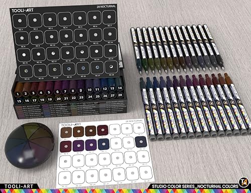 28 Dark Nocturnal Colors Acrylic Paint Pens Studio Color Series Markers Set 0.7mm Extra Fine Tip, Rock Painting, Glass, Mugs, Wood, Metal, Canvas, DIY, Detailing. Non Toxic, Waterbased, Quick Drying