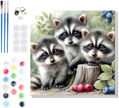 Bowetile Baby Raccoons Paint by Numbers Kit for Adults, Framed Painting by Numbers Animals, Adults' Paint-by-Number Kits on Canvas, Acrylic Number Painting for Home Wall Decor, 12x12in