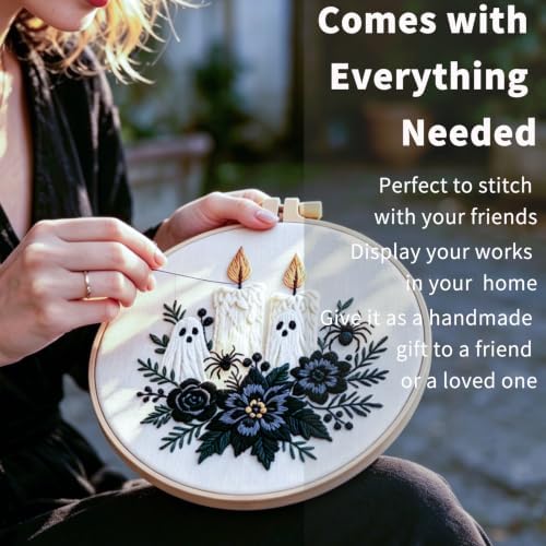 FONNUY Halloween Embroidery Kits for Beginners,Skull Pumpkin Spider Web Floral Stamped Cross Stitch Kit for Adults, Spooky Season Boho Wall Decor, 8'' Hoop (Candles)