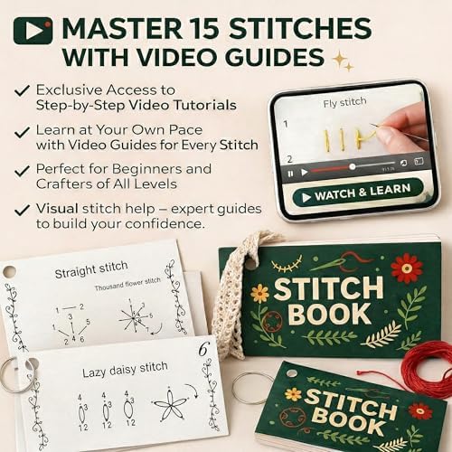 Embroidery Kit for Beginners Adults, No Tracing Pre-Punched Stitch Cards, 15 Stitch Practice Set with Video Tutorials, Needles and Thread, Hand Embroidery Starter Kit