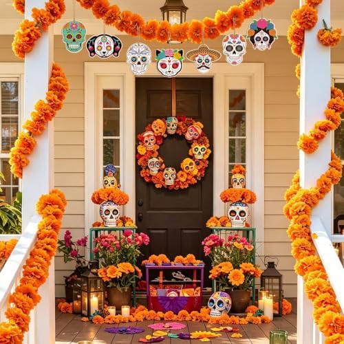 80PCS Wooden Day of The Dead Skull Ornaments to Paint Dia De Los Muertos Decorations Crafts for Kids, Halloween Decorations DIY Blank Sugar Skull Unfinished Mexican Fiesta Cutouts for Party Hanging