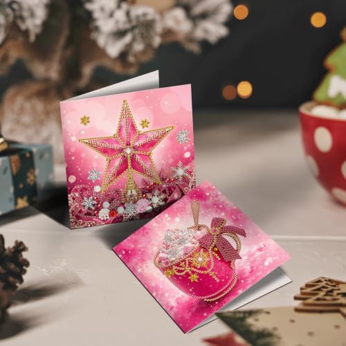 POETRYDRAW DIY Diamond Art Painting Greeting Card Kit, Creative Craft Set for Card Making，Pink Christmas