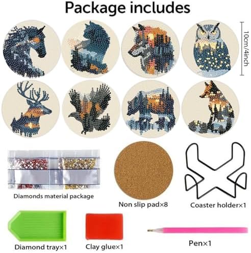 NEGEKFKX 8 Pcs Diamond Art Painting Coasters Kits,Animal Landscape Coaster with Holder for Adults, Non-Slip DIY Dot Paint Craft Kits,5D Full Drill DIY Diamond Dot Gem Art Kit Home Decor Arts Craft
