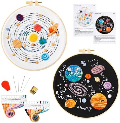 Armindou Embroidery Kit for Adults Beginners, Hand Embroidery Starter Kit with Solar System Patterns, Counted Stamped Cross Stitch Needlepoint Kit for Beginner Adult, 2 Set Embroidery Supplies/Hoop