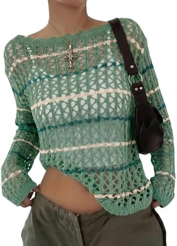 EVALESS Crochet Tops for Women Long Sleeve Hollow Out Knit Sweaters