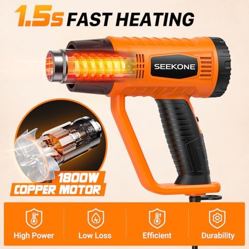SEEKONE Heat Gun 1800W with 1112℉&752℉ 2 Temperature Settings for Crafting | 2-Speed Airflow 500/250L/min, Ergonomic Handle, Overheat Protection, 4 Nozzles For Vinyl Wrap, Shrink Wrap, Paint Removal