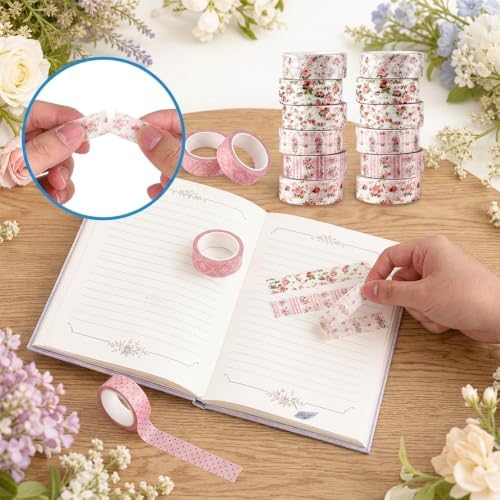 12 Rolls Floral Washi Tape Set, Pink Watercolor Flowers Design for for Journaling, Scrapbooking, DIY Craft, Planners, Gift Wrapping, Back to School Art Supplies