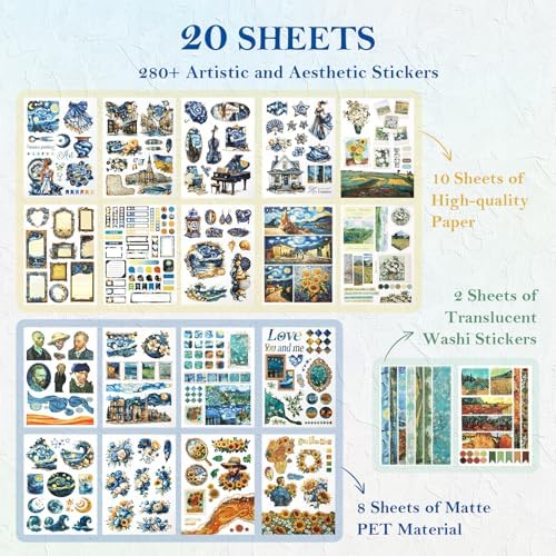 Vintage Art Sticker Book for Scrapbooking Junk Journal, 20 Sheets Collage Kit for Journaling Supplies with Washi PET and Paper Stickers for Adults Teens DIY Crafts, A5 Size