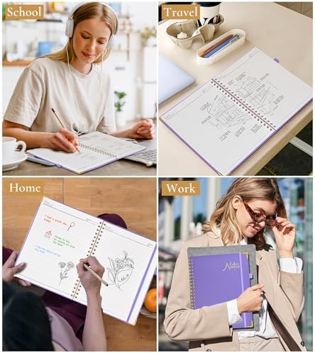 Hardcover Spiral Notebook Journal 8.5” x 11”, A4 Large Leather Notebooks for Women Men, Lined College Ruled Notebook, 100 GSM Paper, Spiral Bound Journals for Work School Note Taking Business, Purple